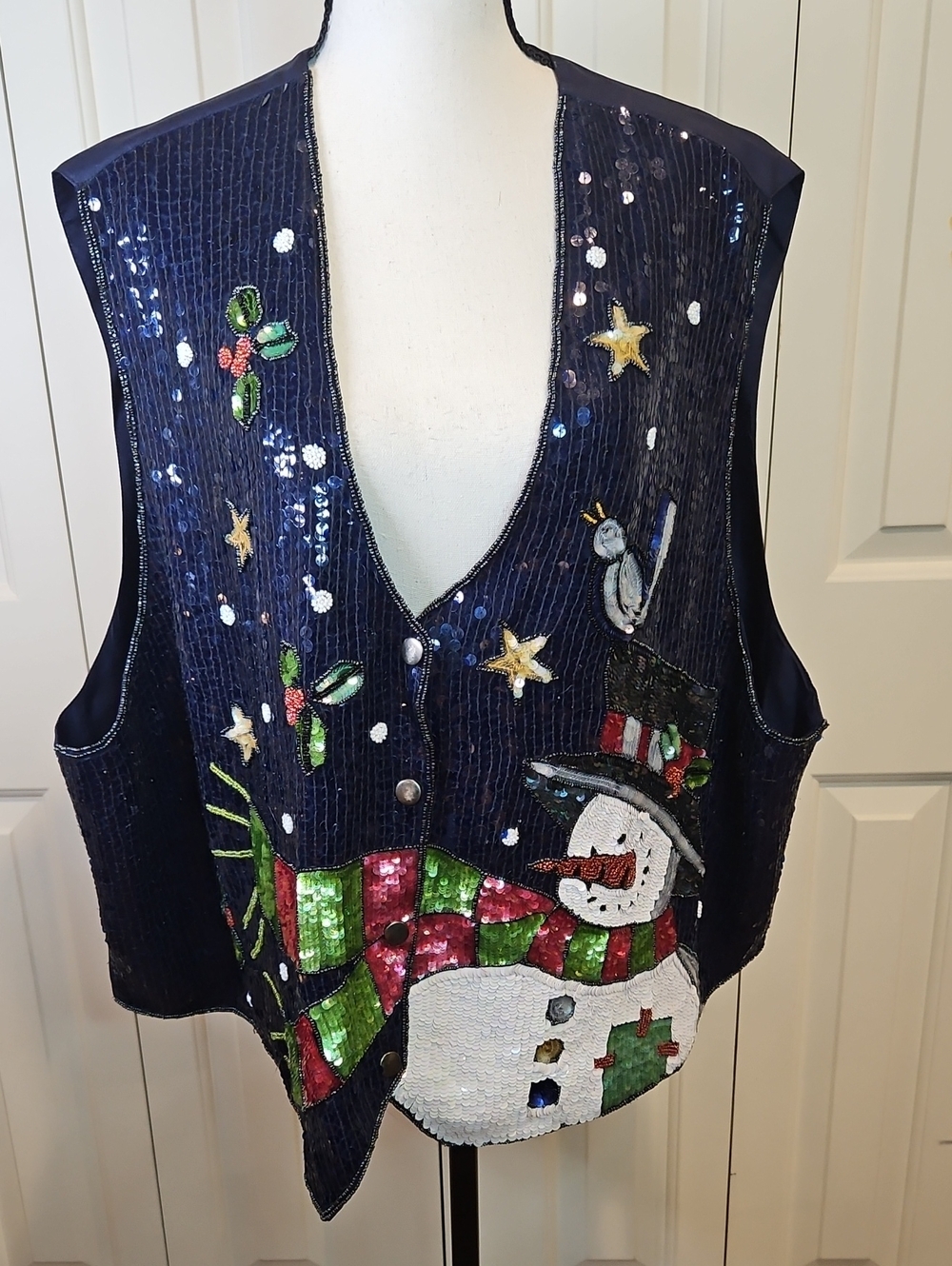 Quacker Factory Navy Sequin Snowman Vest Green Red Stars Accents Holiday Xmas
